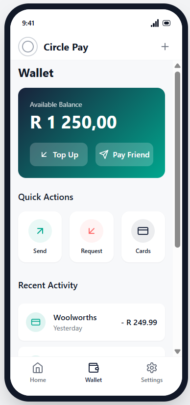 Circle Pay App showing wallet interface